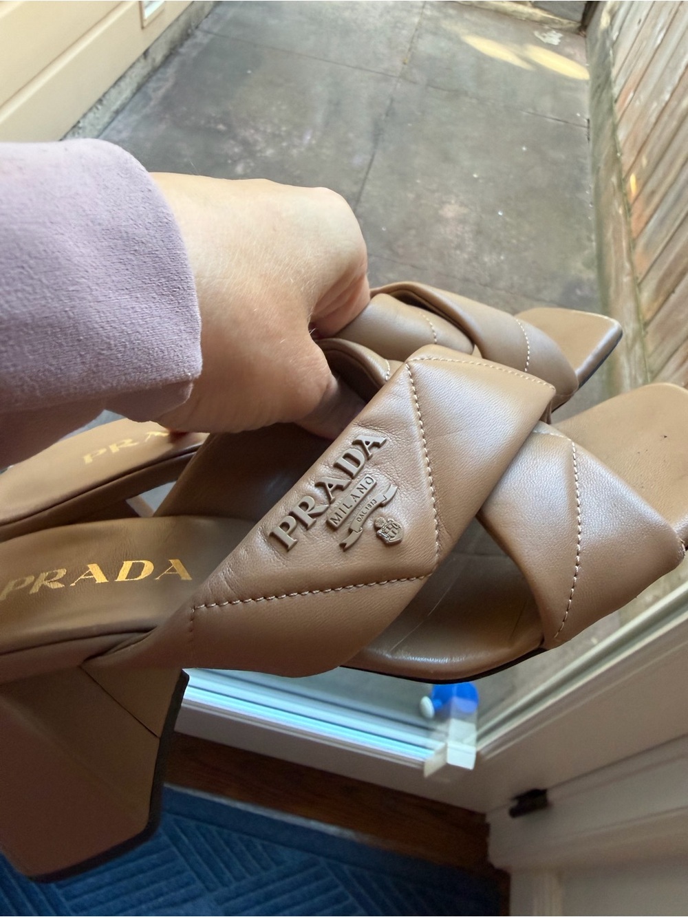 Prada Taupe Crisscross Leather Slide Sandals - Picture 7 of 8